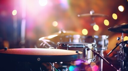 Closeup of a colorful stage set with bright lights and instruments being played.