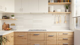 Fototapeta  - A beautiful modern Scandinavian kitchen with minimal classic wood kitchen cabinet, white tiles wall