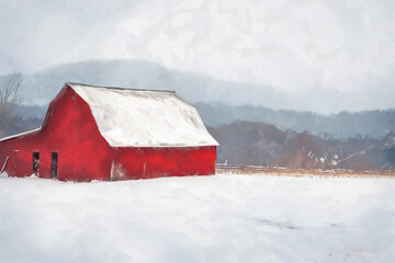 red barn in the snow painting