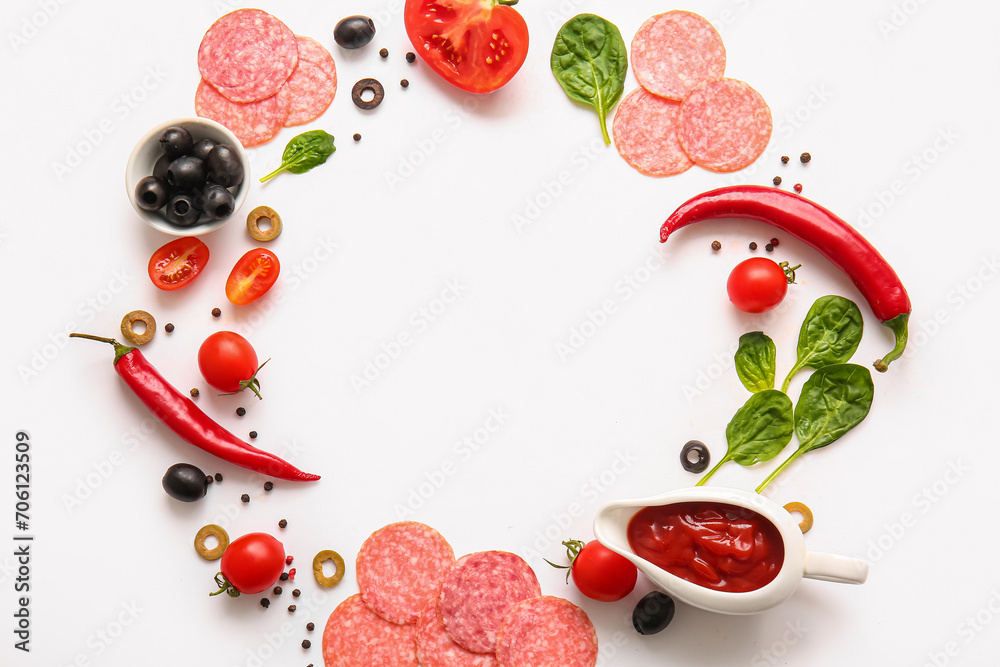 Frame made of fresh ingredients for preparing pizza on white background