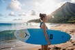 © Portrait Studio - a surfer with a surfboard in a beautiful Hawaiian beach at sunset