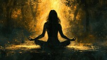 A Silhouette Woman Sitting In A Yoga Pose, Morning With Sunlight Coming Down