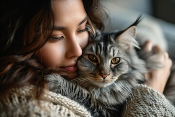 Happy young asian woman hugging cute grey persian cat on couch in living room at home, Adorable domestic pet concept.