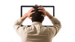 © Thumbs - Stressed businessman holding his head in front of computer screen, overwhelmed by technology and work pressure. Burnout and frustration concept