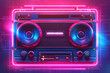 80s, party retro music banner or cover. Old fashioned vector poster, disco fluorescent neon style for eighties party,