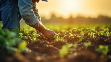Wall Mural - A detailed photograph of a farmer gently tending to a field of crops, demonstrating the delicate balance between nurturing plant embryos and harvesting a bountiful organic yield.