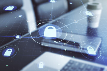 Aufkleber - Creative light lock illustration with microcircuit on modern computer background, cyber security concept. Multiexposure