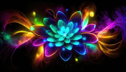 Wall Mural - Abstract neon light fractal flower at black background.