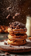 Chocolate pieces sprinkle down onto a stack of waffles, creating an irresistible scene of dessert decadence, perfect for a sweet-toothed connoisseur’s delight.
