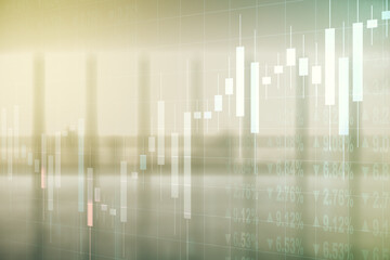 Aufkleber - Abstract virtual financial graph hologram on empty corporate office background, forex and investment concept. Multiexposure