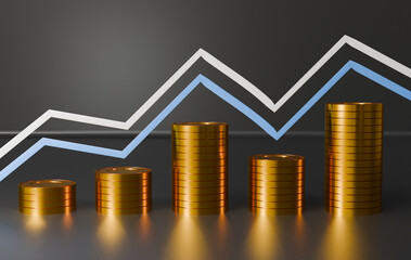 Poster - business or economy growth graph with gold coins and growth curves, concept 3d illustration