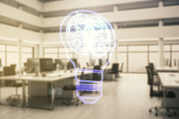 Poster - Double exposure of abstract virtual creative light bulb hologram with human brain on modern corporate office background, idea and brainstorming concept