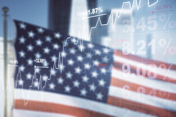 Poster - Multi exposure of abstract virtual financial graph hologram on USA flag and blurry cityscape background, forex and investment concept
