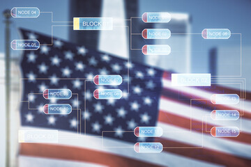 Poster - Multi exposure of abstract software development hologram on USA flag and blurry skyscrapers background, research and analytics concept