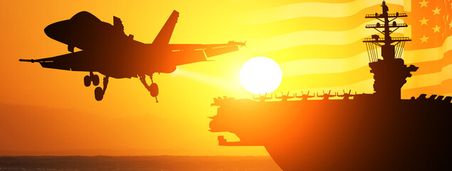 Sticker - Aircraft carrier and warplane on sea sunset background. National flag of USA. NAVY forces. 3d illustration.