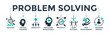 Problem-solving banner web icon concept with icons of analysis, critical thinking, creativity, emotional intelligence, research, team building, risk management, decision making. Vector illustration 