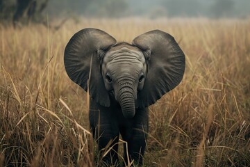 baby elephant, Professional photo, wildlife tele shot style, blur background, minimalistic