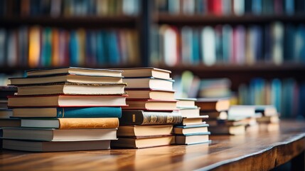 Stack of books in library room with blurred bookshelves background