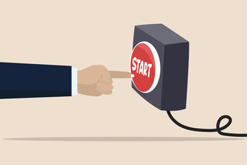 Push start button to start new business, entrepreneur to begin new company, startup to launch project, decision to make or motivation concept, businessman presses red start button.