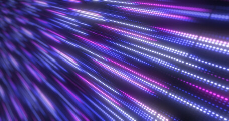 Poster - Abstract bright purple background pattern of flying lines of dots and glowing circles of futuristic digital energy magical bright particles