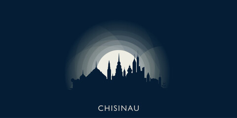 Chisinau cityscape skyline city panorama vector flat modern banner illustration. Moldova country emblem idea with landmarks and building silhouettes at sunrise sunset night