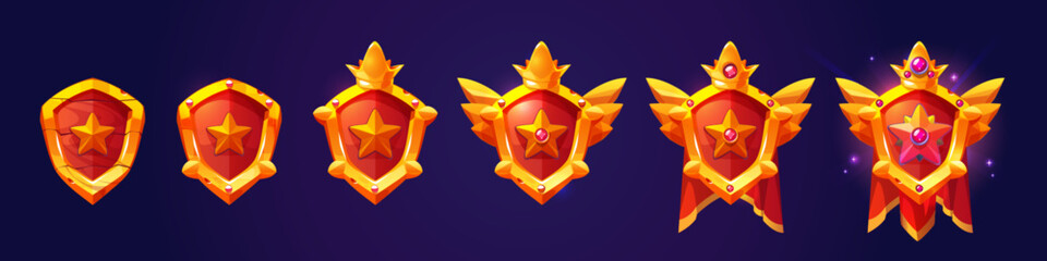 Poster - Red shield shape badge with star, golden frame, gemstones and crown decorations for game level rank progress ui design. Cartoon vector set of evolution stages of royal trophy medal or emblem.