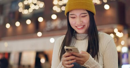 Sticker - Smartphone, city and Japanese woman with smile, funny and connection with social media, laughing and joyful. Typing, person or girl with a cellphone, internet and cheerful with humor and happy