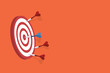Red darts missed hitting target and only blue one hits the center. Business challenge failure and success concept.

