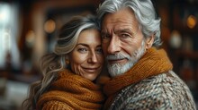 Close Up Portrait Of A Happy Senior Couple In Warm Clothes Embracing Each Other
