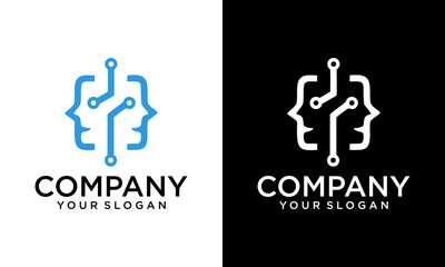 Community network people technology logo design combinations. Human technology or human digital, head tech icon symbol, robot tech logo design