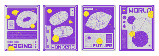 Poster - set of retro futuristic y2k geometric posters. vector realistic illustration of trendy retrowave fly