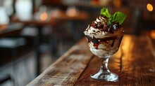  An Ice Cream Sundae With Chocolate And Mint Sprinkles Sits On A Wooden Table In A Restaurant.