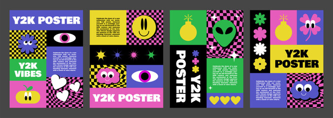Aufkleber - Y2k poster design template with bright abstract simple groovy sticker in bright acid colors. Vector illustration set of cover and banner 2000s aesthetic layout with cute psychedelic elements and text.