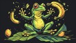  a frog sitting on top of a green leaf next to a banana and a banana peel on a black background.