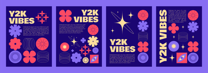 Poster - y2k retro style poster or cover design layout with bright neon pink and purple colored abstract simp
