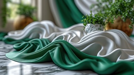 Wall Mural -  a close up of a vase with a plant in it on a table with a green and white cloth draped over it.