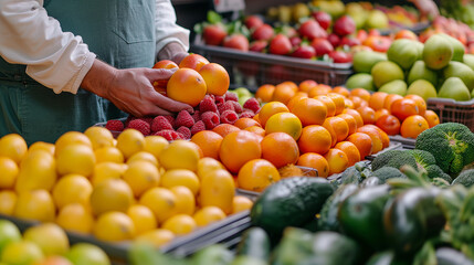 Wall Mural - Close up of woman or man shopping for fresh organic fruits in farmer's market with a cotton mesh eco bag. Environmentally friendly and zero waste concept