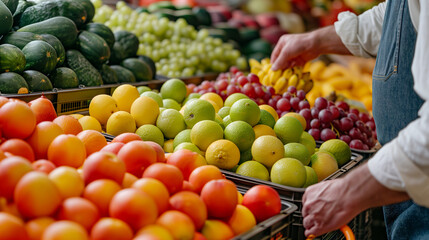 Wall Mural - Close up of woman or man shopping for fresh organic fruits in farmer's market with a cotton mesh eco bag. Environmentally friendly and zero waste concept