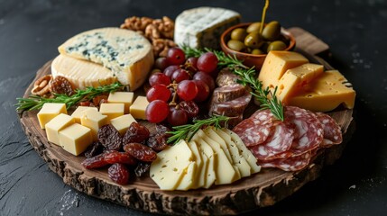 Wall Mural -  a platter of cheeses, meats, nuts, and cheeses is displayed on a wooden platter.