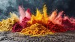  a pile of colored powder spewing out of it's sides on top of a cement ground with dark clouds in the background.