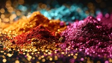  A Group Of Different Colored Powders Sitting On Top Of A Pile Of Gold, Purple, And Red Glitter.