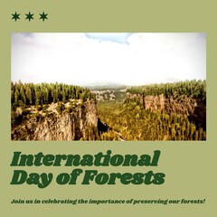 Sticker - Composite of international day of forests text and trees growing on landscape under cloudy sky