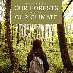 Canvas Print - Composite of protect our forests and save our climate text and rear view of asian woman in woods