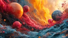  A Group Of Red And Yellow Balls Floating In A Body Of Water With A Fire In The Sky Behind Them.