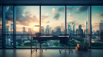 Wall Mural - Office interior with window and city view.