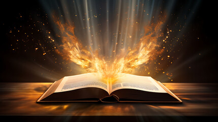 open book bible on wooden desk with mystic bright light fantasy light like holy spirit on black boke