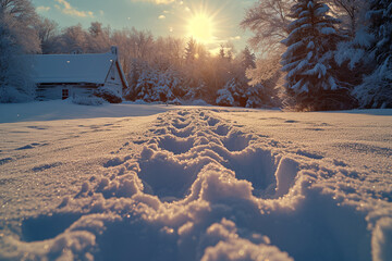 Poster - A depiction of a trail of crumbs in the snow, leading to a cozy cabin.