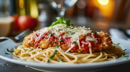 Wall Mural -  a plate of spaghetti with chicken parmesan sauce and parmesan cheese on top, with a glass of wine in the background.