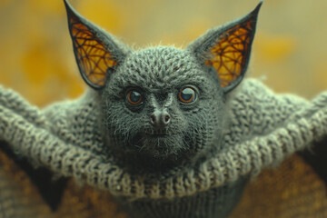 Poster - A depiction of a knitted Bat, on a pastel coloored backgrond.