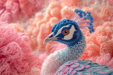 Aufkleber - A depiction of a knitted Peacock, on a pastel coloored backgrond.